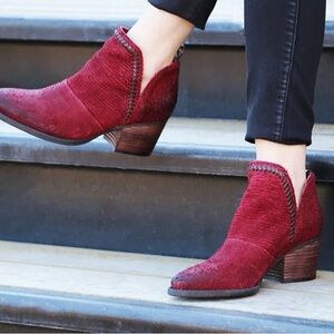 Red Leather Ankle Booties with Side Zipper and Stacked Heel